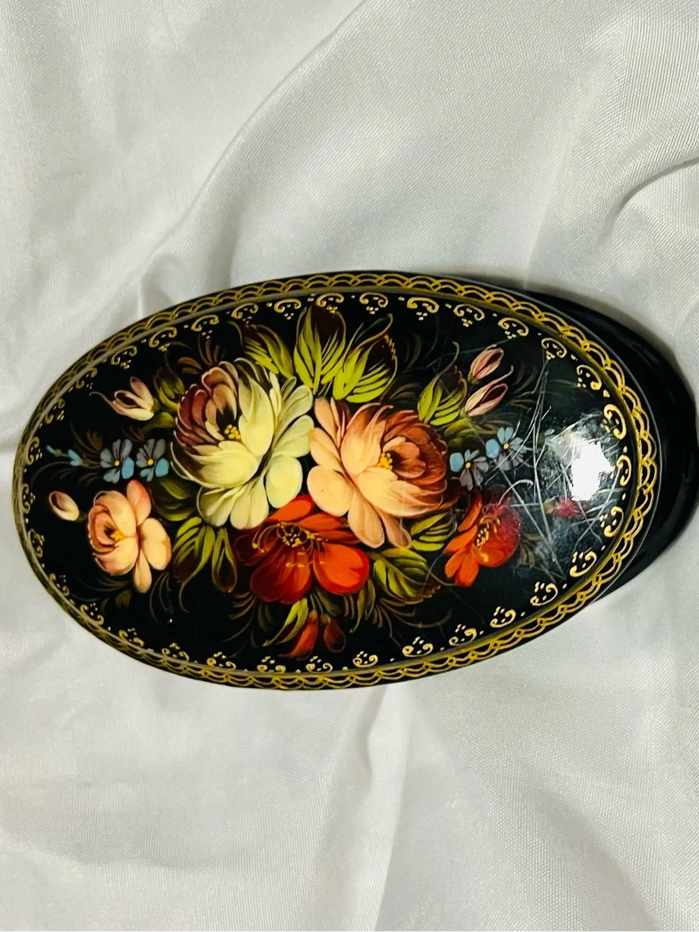 Hand-Painted Russian Floral Oval Trinket Box - Black with Multicolor Flowers